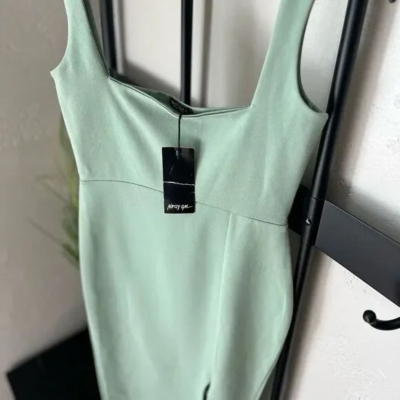 Nasty Gal Square Neck Split Hem Midi Sage Dress Size 4 - Picture 11 of 16